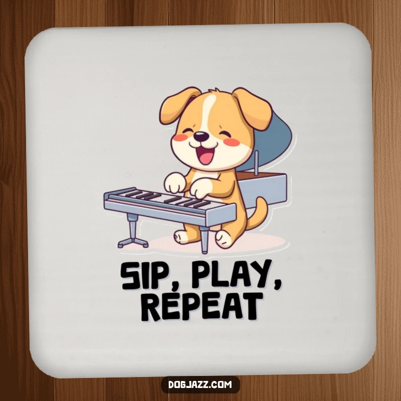 Funny dog playing piano with paws, set of coasters, adding musical flair and protection.