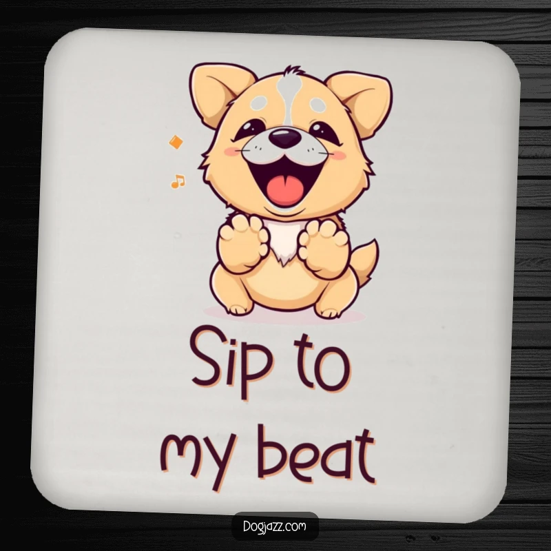 Funny dog barking a rhythm with its paws, a humorous drink coaster.