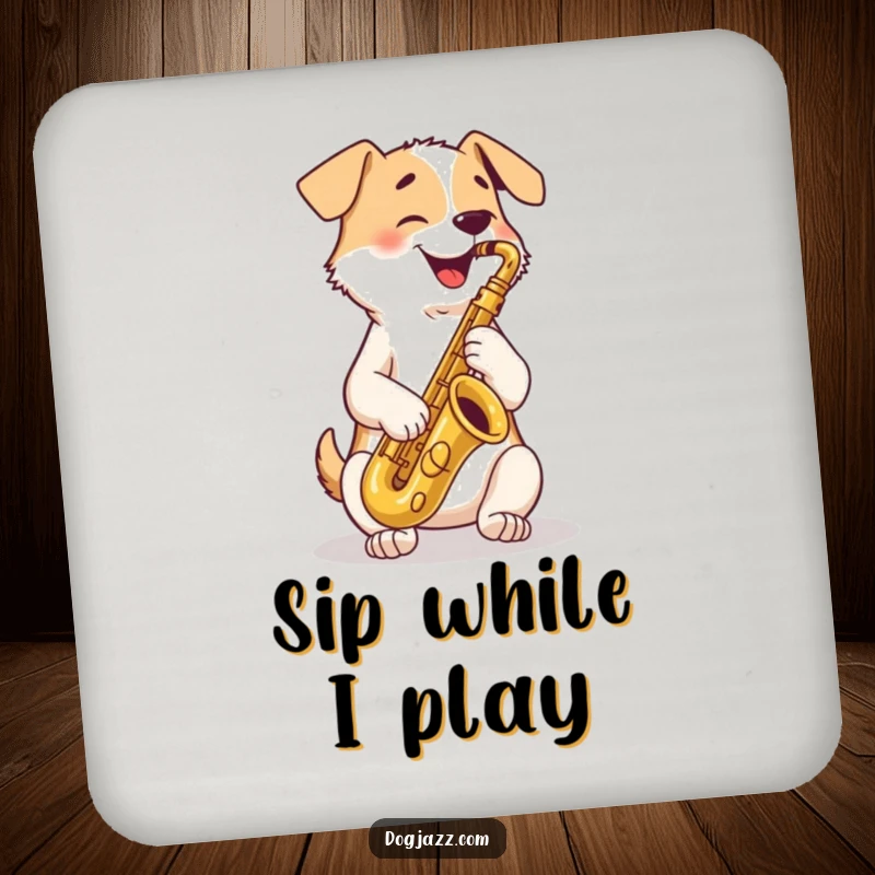 Funny Coaster: a happy dog playing a saxophone, adding a charming, jazzy touch to your drink station.