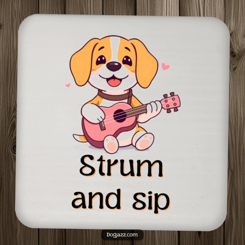 Funny beagle coaster depicting a happy dog strumming a ukulele, protecting surfaces with musical flair.