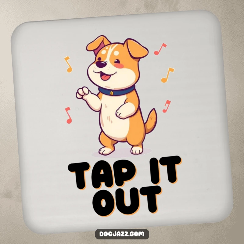 Funny Coaster depicting a dog enthusiastically tapping its paws to a lively musical beat, a charming and humorous addition to any table.