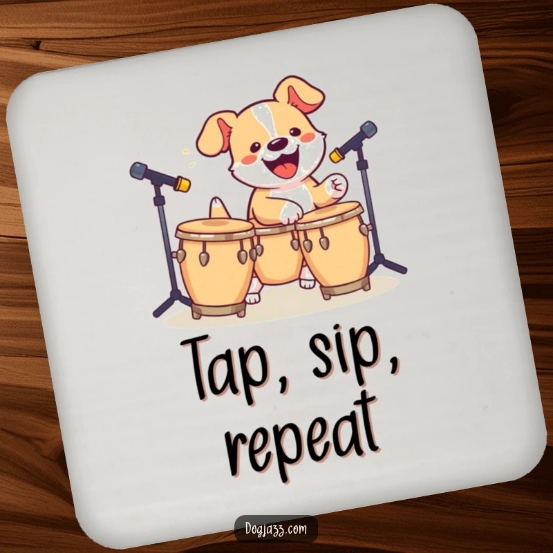 Funny Dog Bongo Coaster: A set of coasters showing an energetic dog playing bongos, perfect for drinks.