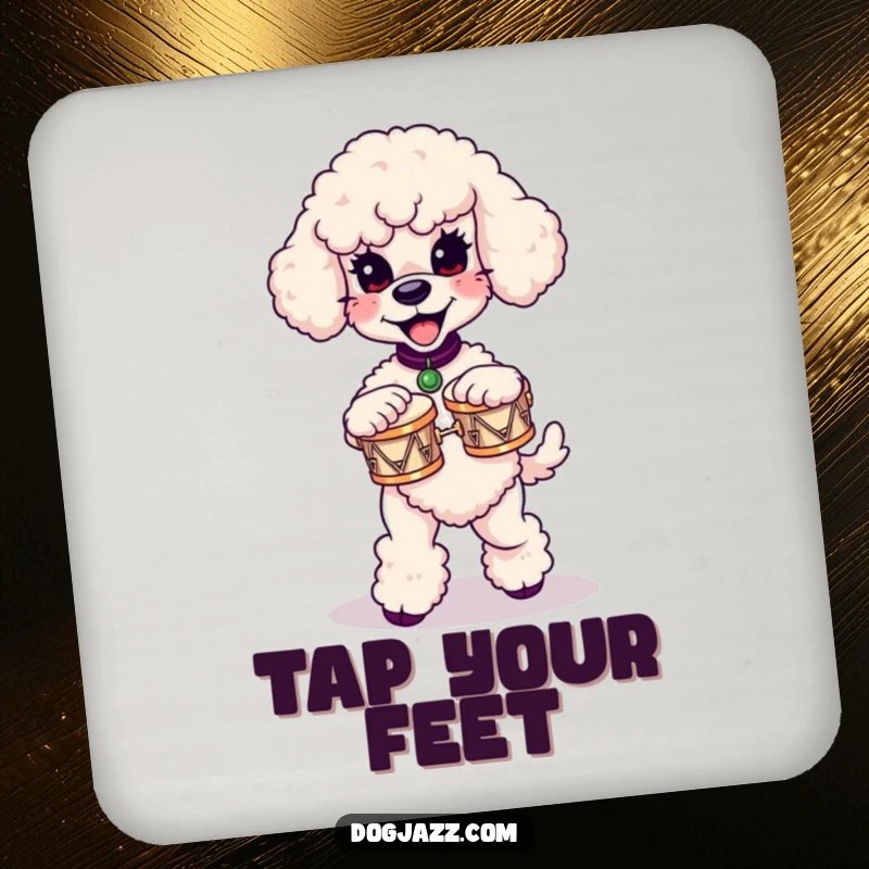 Funny poodle drink coasters featuring a poodle dancing and playing miniature bongos, a humorous addition to any table setting.