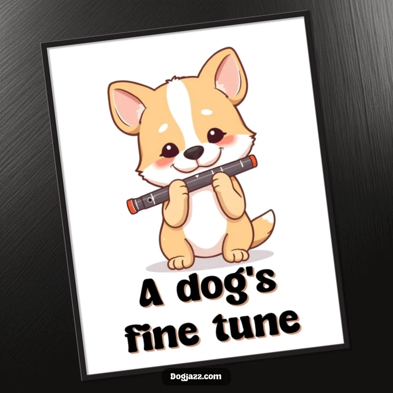 Funny Dog Clarinet Player Poster, a dog plays the clarinet with precision and happiness, sophisticated wall art.