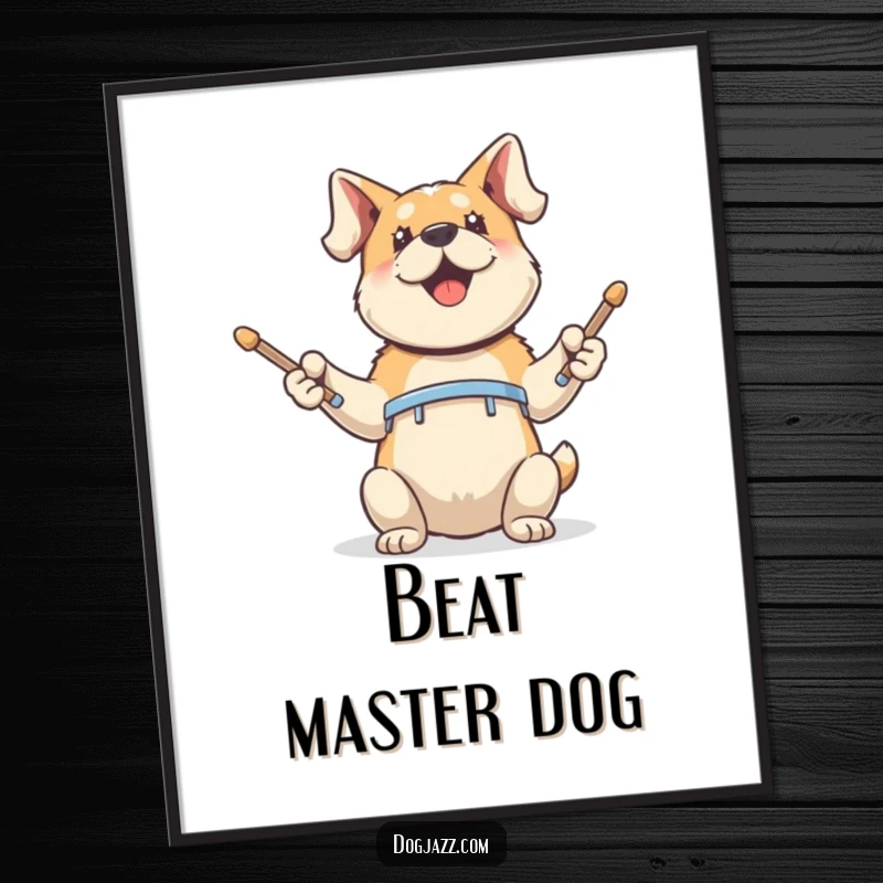Funny Poster: an energetic dog enthusiastically tapping drumsticks with its front paws, capturing a moment of pure musical drive.