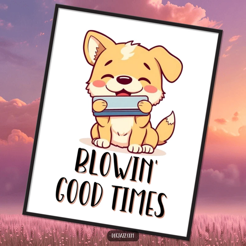 Funny dog poster depicting a happy dog enthusiastically playing the harmonica with a smile, adding a soulful touch.