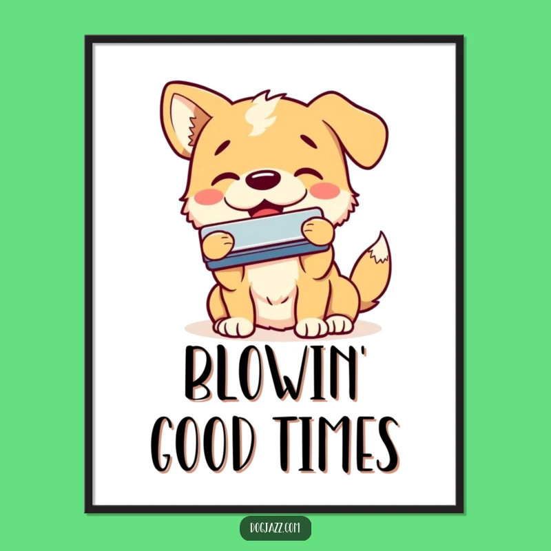 Funny Dog Harmonica Poster - Smiling Pup Blues Art Gift