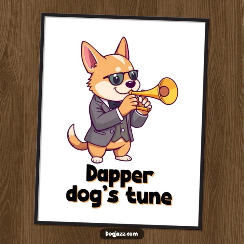 Funny dog trumpet poster featuring a dapper dog in a suit playing jazz music, adding sophisticated decor.
