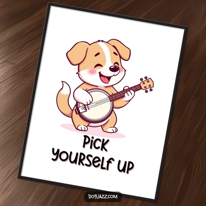 Funny poster depicting a cartoon dog happily playing the banjo, its tail wagging a rhythm of joy.