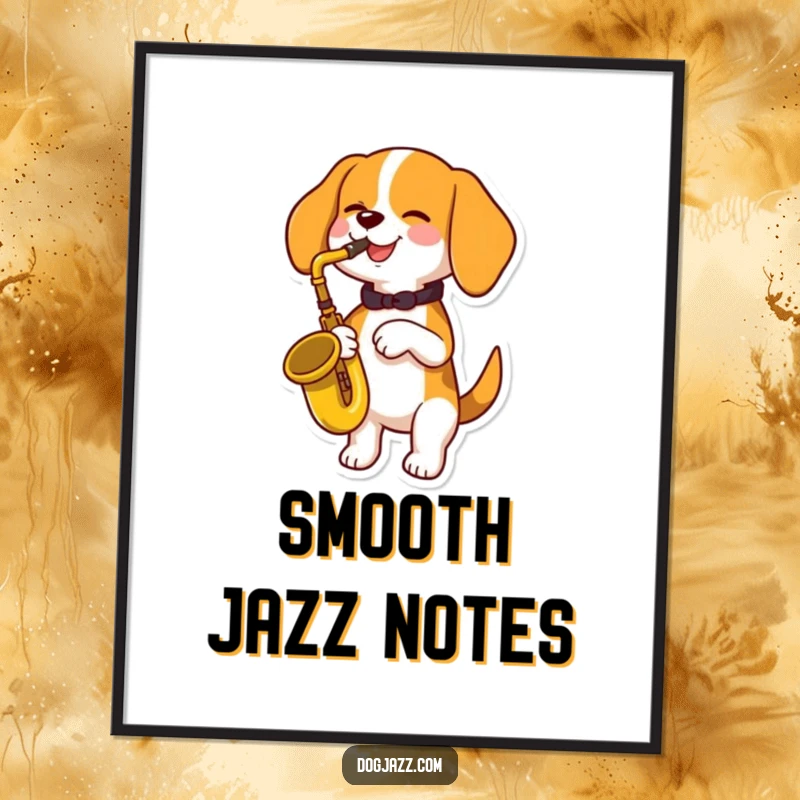 Funny beagle dog playing a saxophone with pure delight, surrounded by colorful musical notes, a delightful funny gift poster.