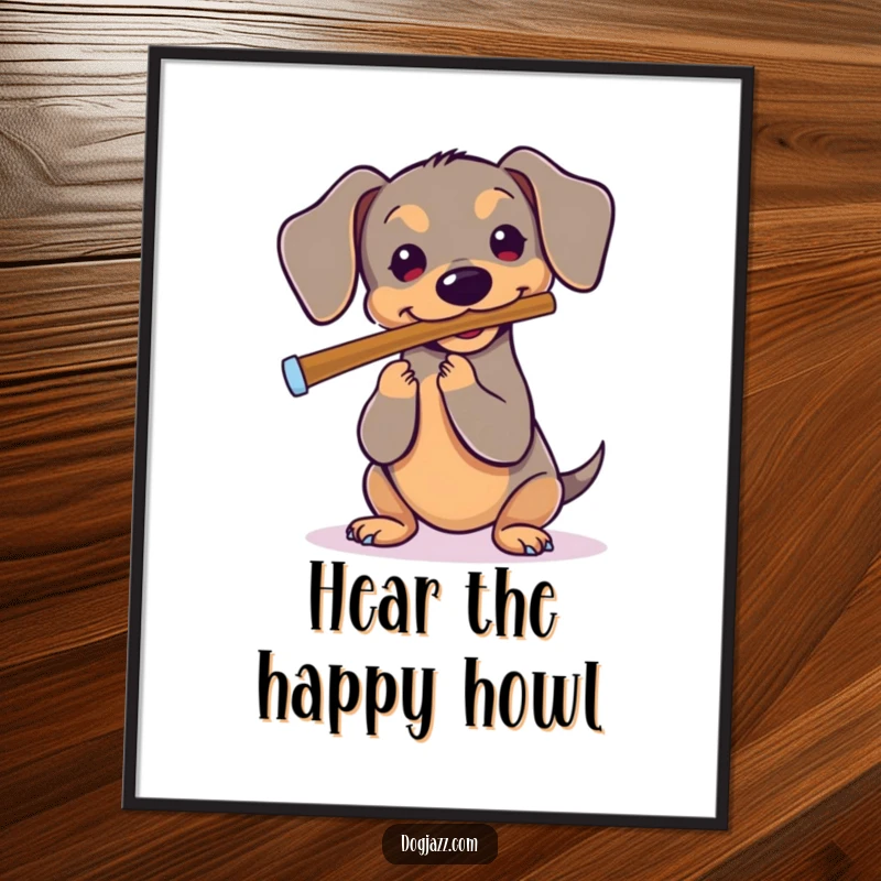 Funny Dachshund Poster: A whimsical illustration of a dachshund playing a flute, bringing joy and music to the wall.