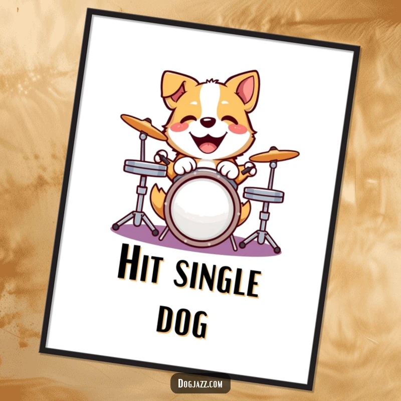 Funny dog poster depicting a happy dog joyfully pounding on a drum kit, adding a vibrant musical touch to decor.
