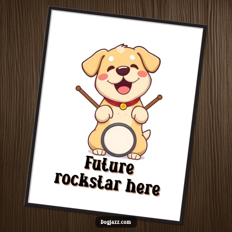 Funny dog poster showing an energetic dog with drumsticks, capturing the thrill of a live music performance.