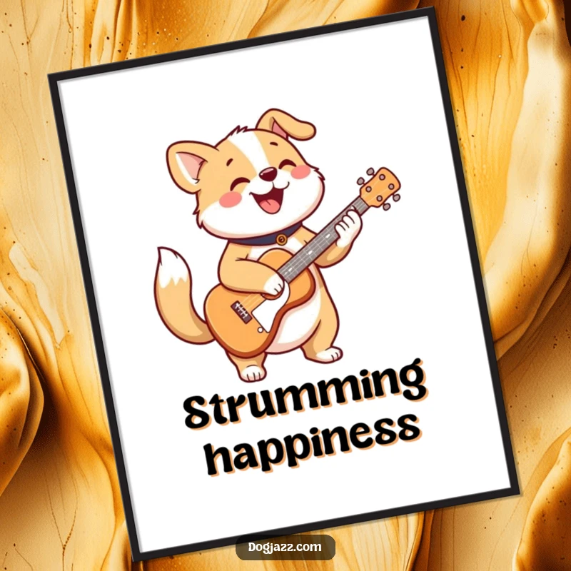 Funny poster art of a cheerful dog character strumming a guitar with a happily wagging tail.
