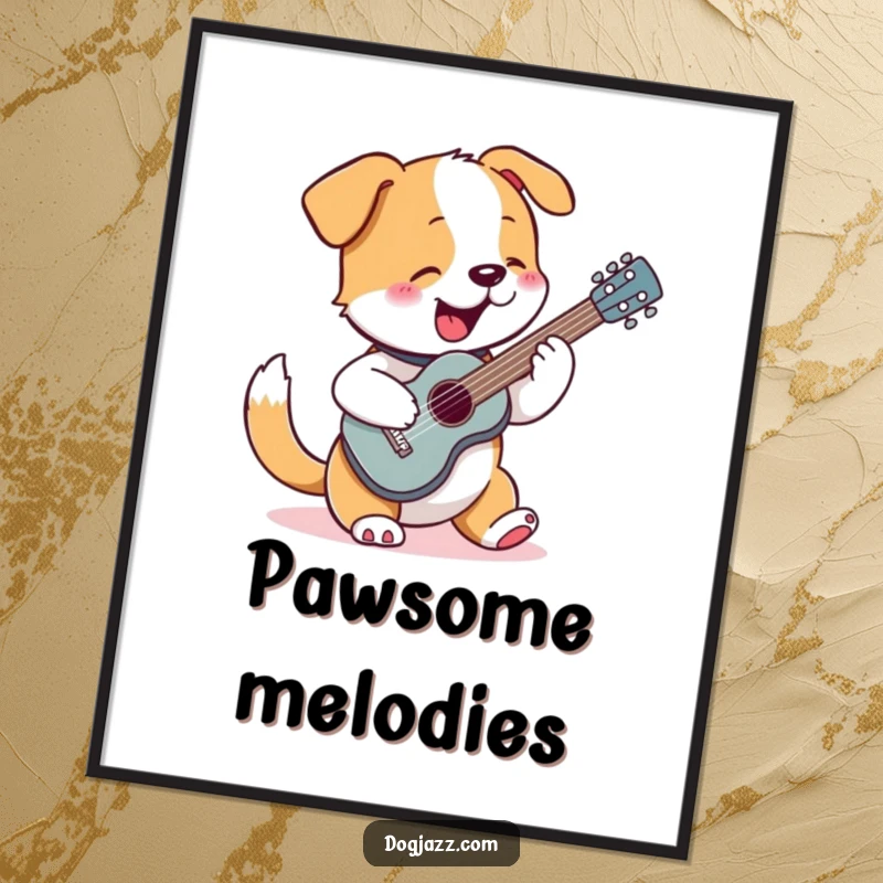 Funny poster art of a dog with a wagging tail enthusiastically strumming a miniature guitar, celebrating music.