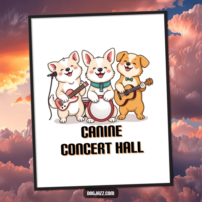 Funny Dog Jam Session Poster, a group of joyful dogs play musical instruments, creating a lively and cheerful band scene.