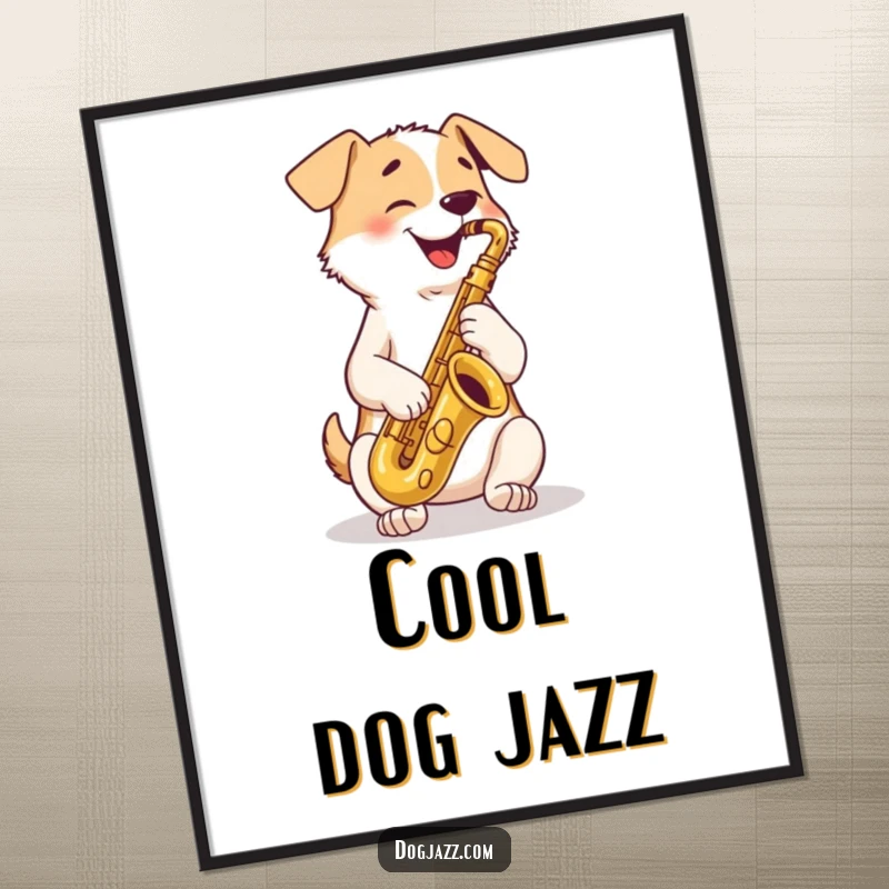 Funny Poster: a happy dog playing a tenor saxophone with crossed paws, capturing a moment of pure musical bliss.
