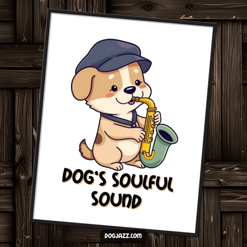 Funny dog saxophone poster featuring a cool dog in a beret playing jazz music, adding artistic flair to decor.