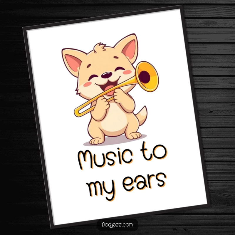 Funny Dog Trombone Player Poster: An energetic illustration of a happy dog enthusiastically playing a trombone, full of musical joy.