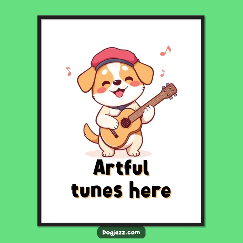 Funny French Dog Guitar Poster: Beret Dog Serenade, Charming Wall Art Gift