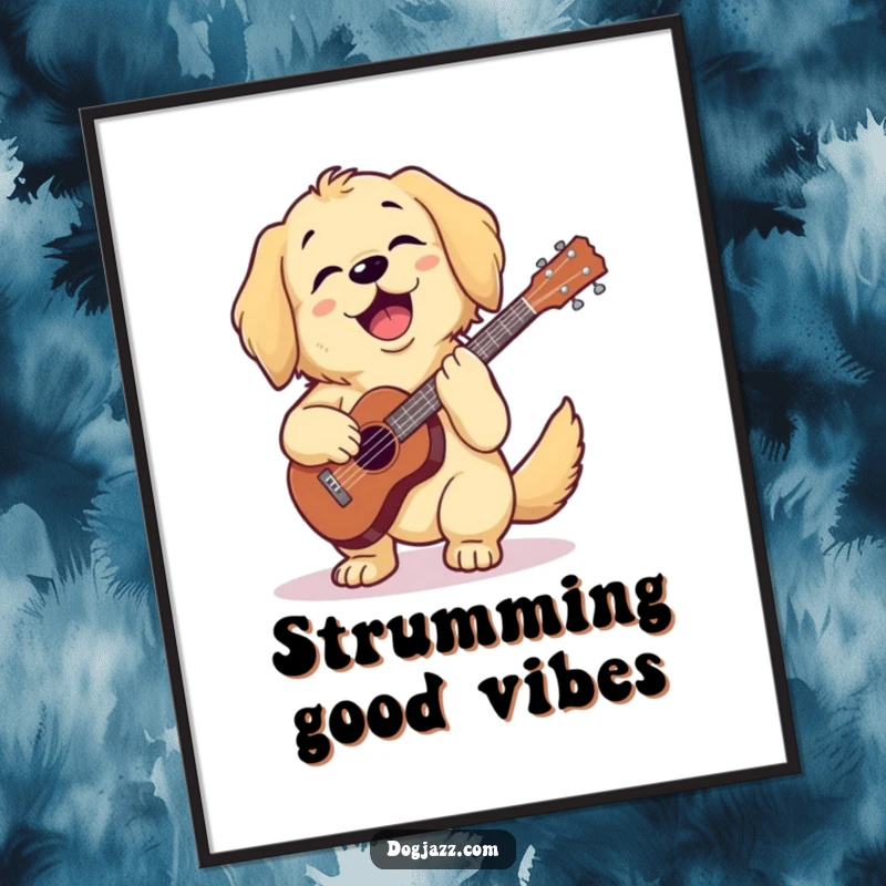 Funny golden retriever joyfully strumming a ukulele with happy music notes, vibrant wall art, a perfect funny gift poster.