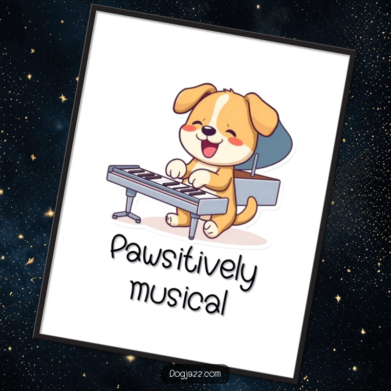 Funny dog playing piano with paws, energetic wall art poster for music enthusiasts.