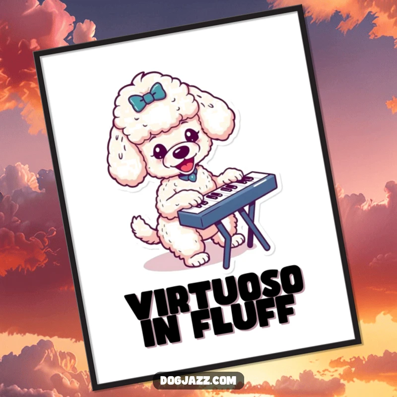 Funny poster showcasing an energetic poodle character playing a keyboard, adding lively musical charm and humor to decor.