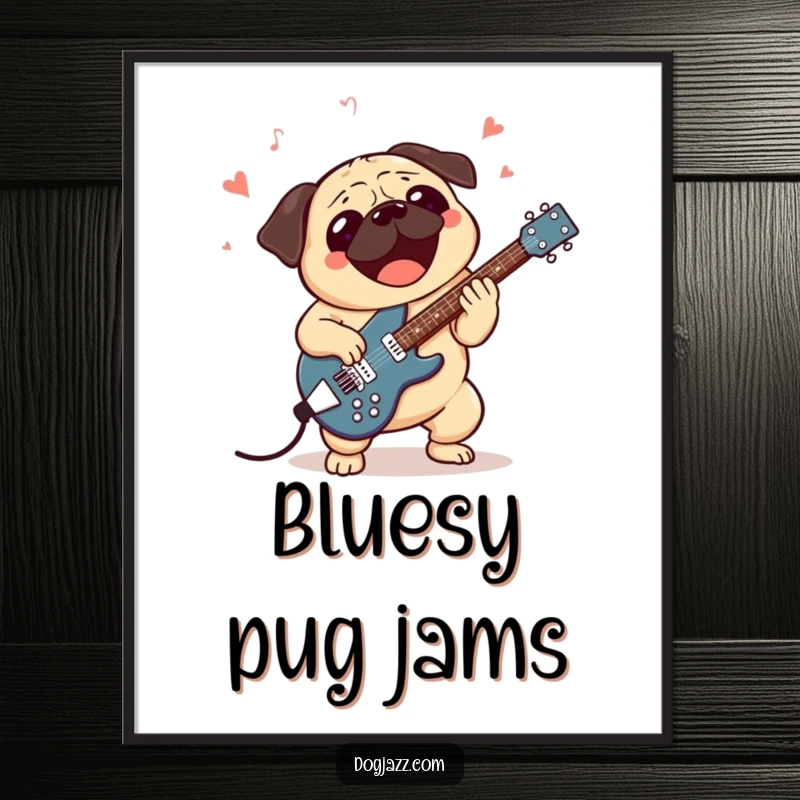Funny poster art of an excited pug character playing a jazz guitar with passion, capturing the essence of a live performance.