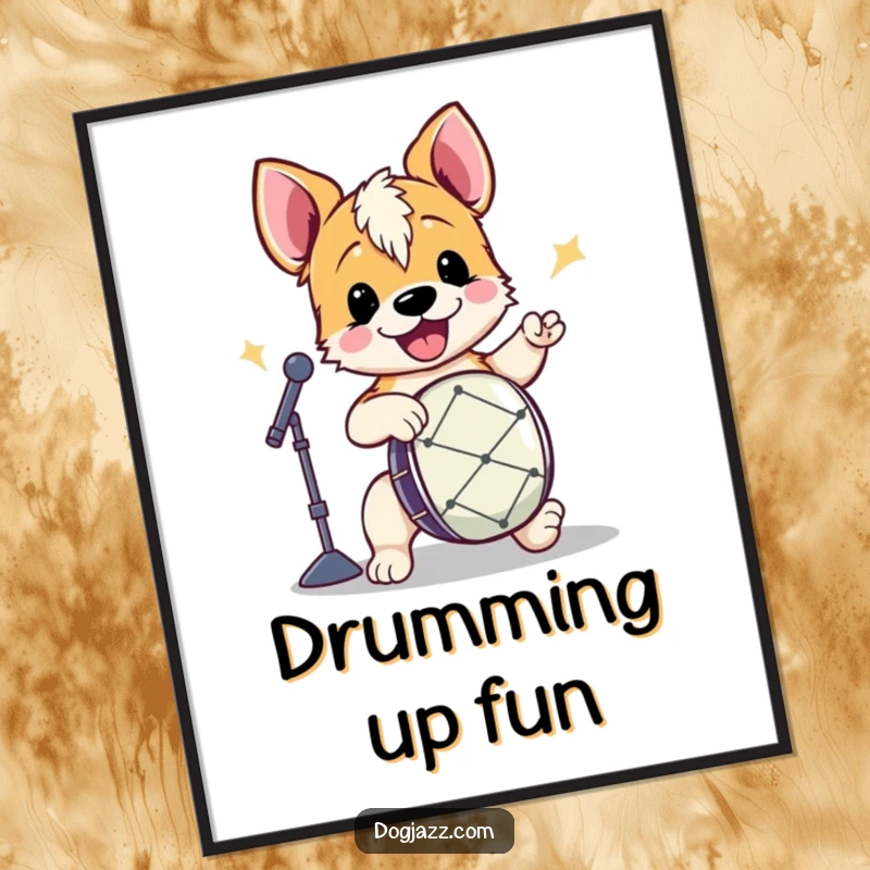 Funny Terrier Drummer Poster showcasing an energetic terrier enthusiastically playing drums, ideal for music-themed decor.