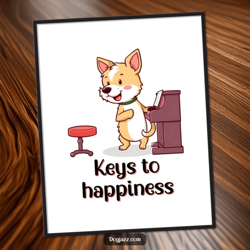 Funny terrier energetically playing piano with a wagging tail, lively wall art, a perfect funny gift poster.