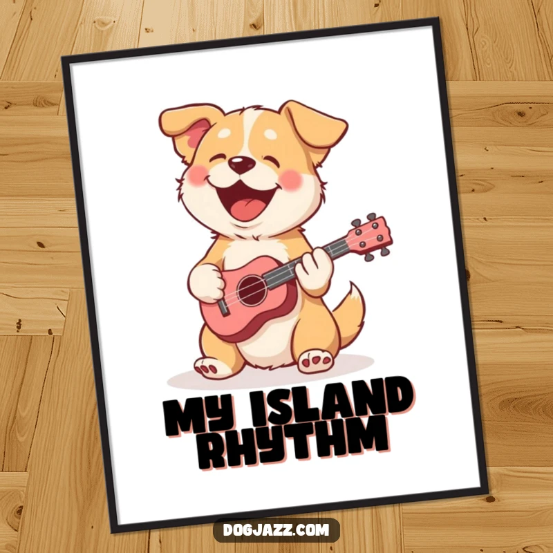 Funny dog poster depicting a cheerful dog strumming a ukulele, radiating pure musical joy and sunshine.