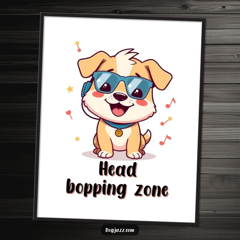 Funny dog poster displays a cheerful dog character joyfully bopping its head to an imaginary groovy beat, creating a lively and humorous atmosphere.