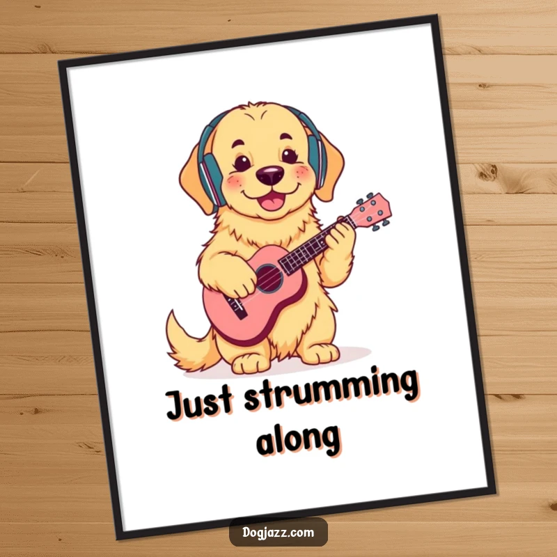 Funny Golden Retriever Ukulele Poster: A cool golden retriever with headphones, happily strumming a ukulele, radiating chill music vibes.