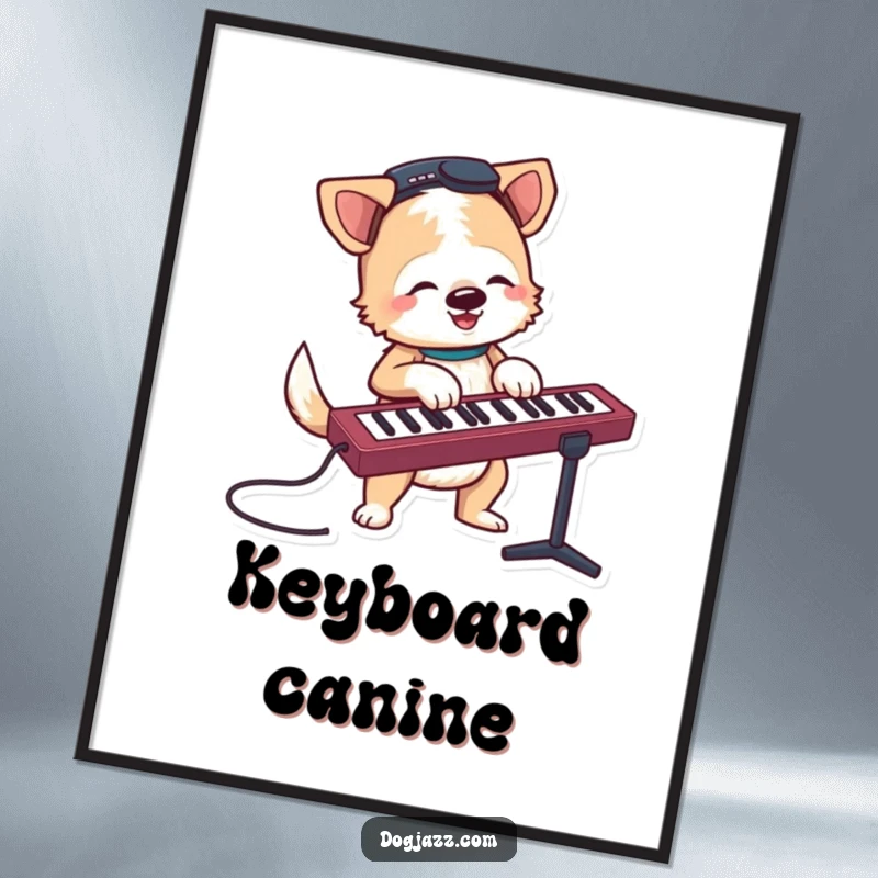 Funny terrier character jamming on a keyboard with a wagging tail, humorous music wall art.
