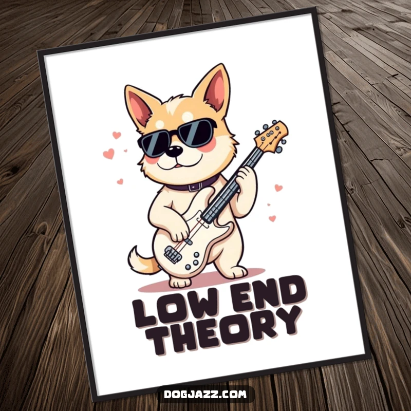Funny Poster of a dog looking effortlessly cool while playing a jazz bass, capturing the essence of smooth jazz and canine style.