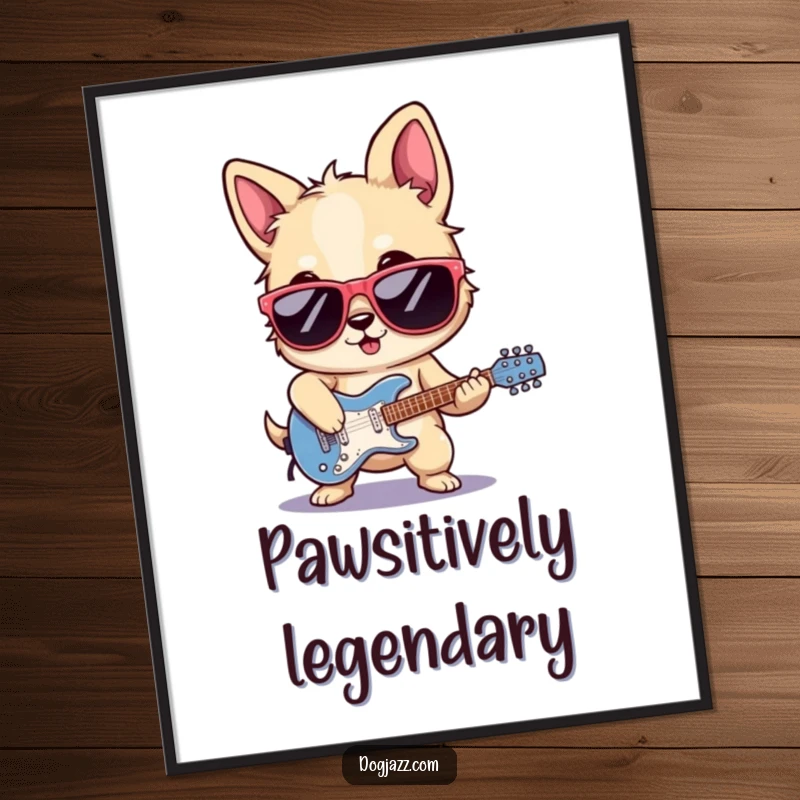 Funny rocker dog poster, sunglasses gleaming, playing electric guitar with impressive skill and rockstar attitude.