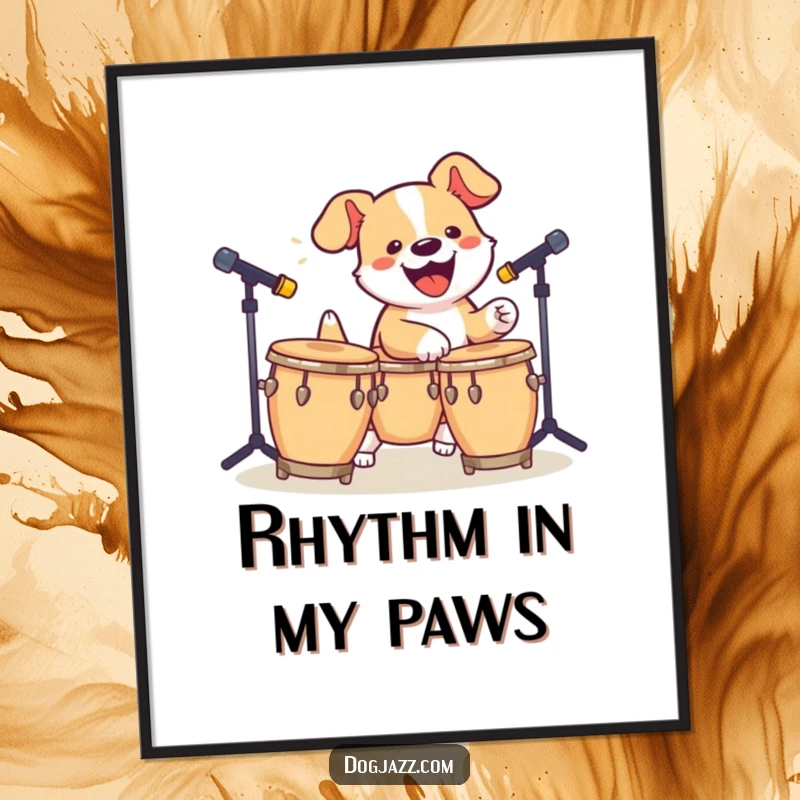 Funny Dog Bongo Poster: A dynamic illustration of a dog energetically playing bongos, radiating pure musical excitement.