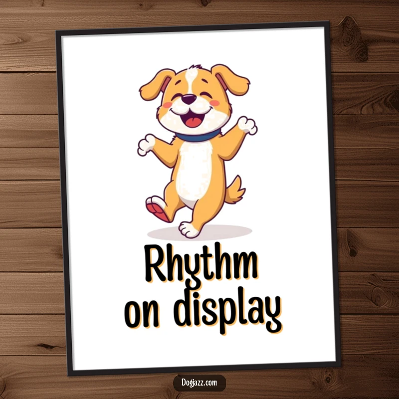 Funny Dog Tap Dancer Poster, a dog performs dynamic tap dance moves with happy, rhythmic footwork, energetic wall art.