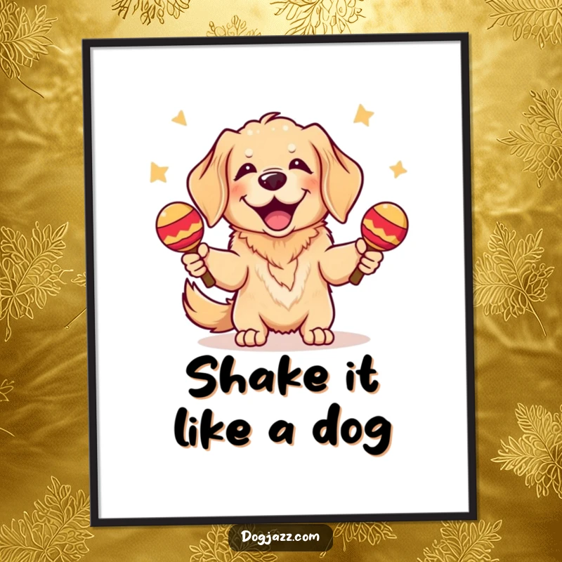 Funny Golden Retriever Poster: A dynamic image of a golden retriever joyfully shaking maracas, radiating pure happiness.