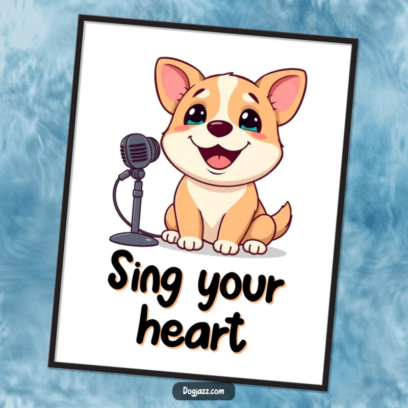 Funny Dog Poster: A dog with a wide, happy grin sings passionately into a microphone, a true performer.