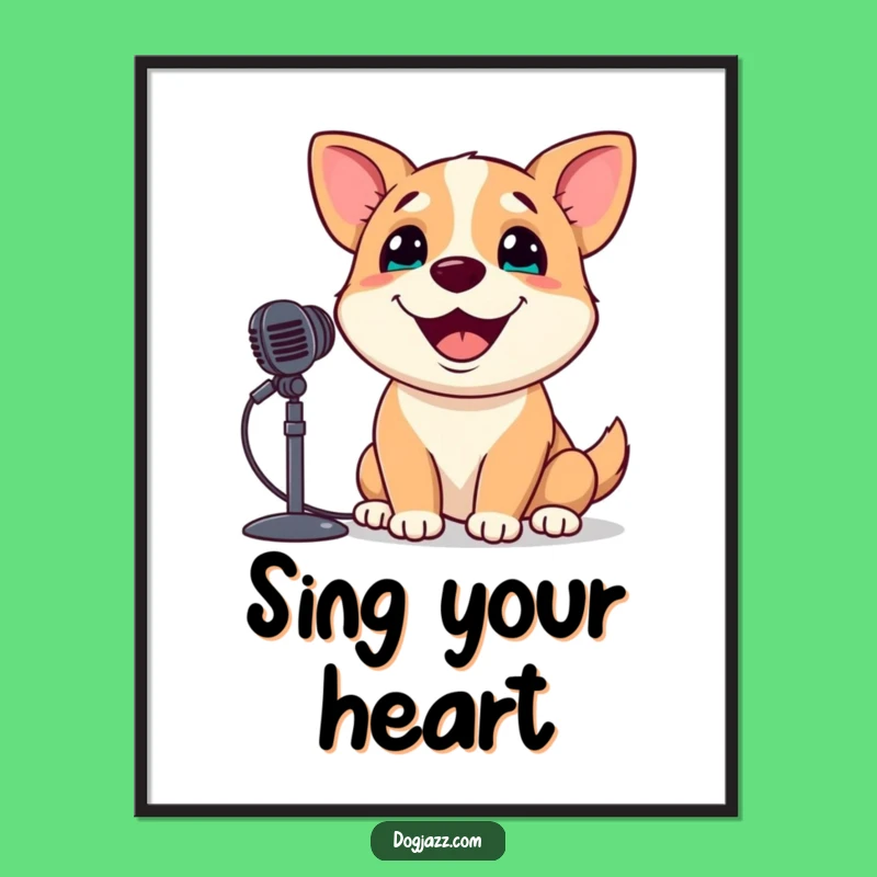 Funny Singing Dog Poster: Happy Crooner Pooch Microphone Wall Art Gift
