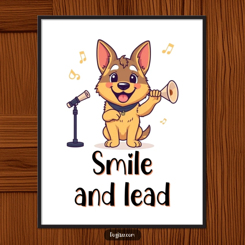 Funny German Shepherd Poster: A smiling German Shepherd conducting an orchestra, radiating positivity and musical flair.