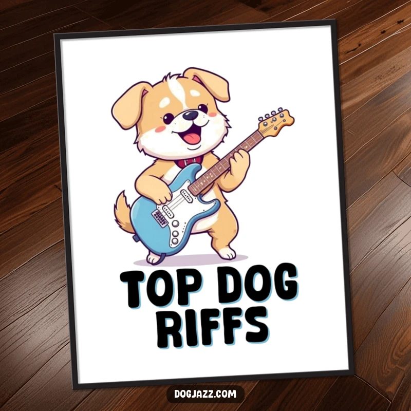 Funny kawaii dog poster depicting a gleeful pup shredding an electric guitar, adding a rock 'n' roll vibe to decor.