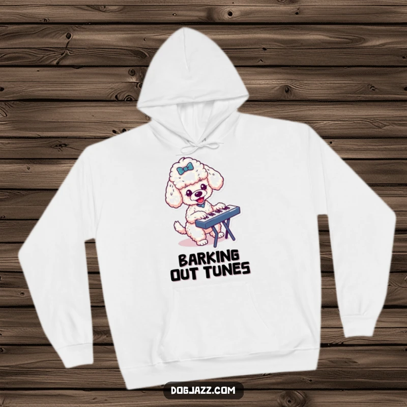 Funny hoodie featuring an energetic poodle character playing a keyboard with enthusiasm, perfect for comfortable musical enjoyment.