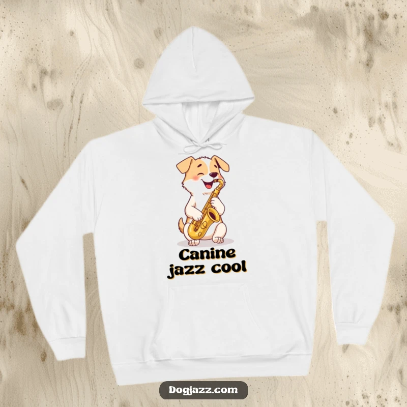 Funny Hoodie: a happy dog playing a tenor saxophone with crossed paws, feeling the music with cozy warmth.