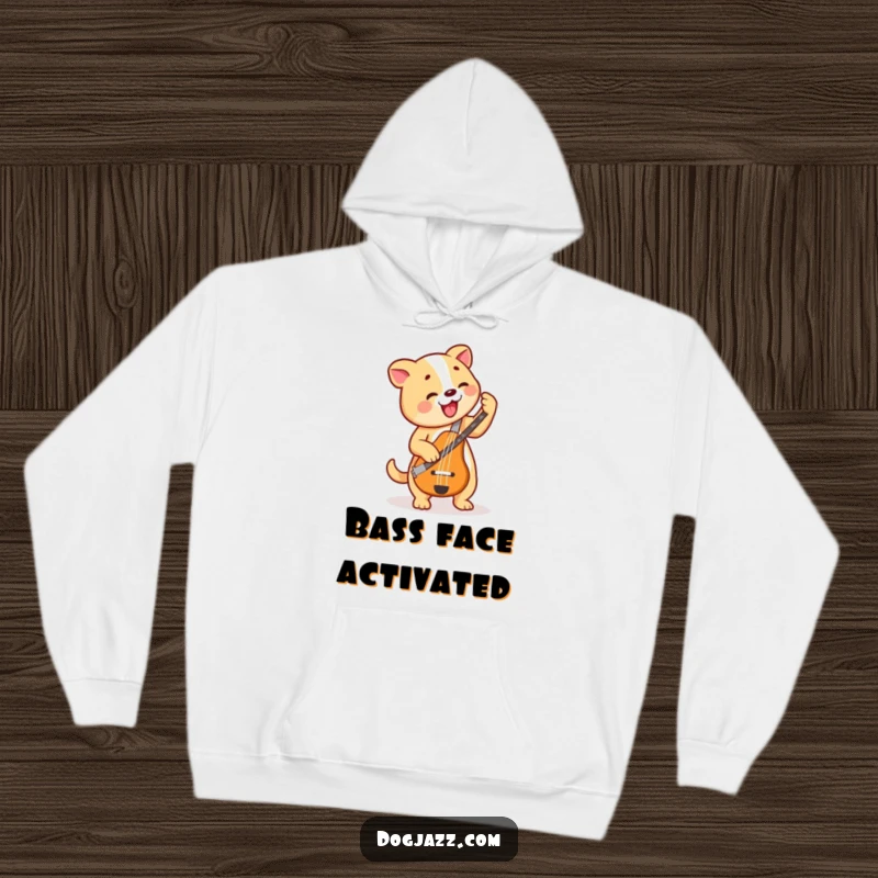 Funny Dog Bass Player Hoodie, a happy dog plays a bass guitar, radiating pure musical joy and rhythm.