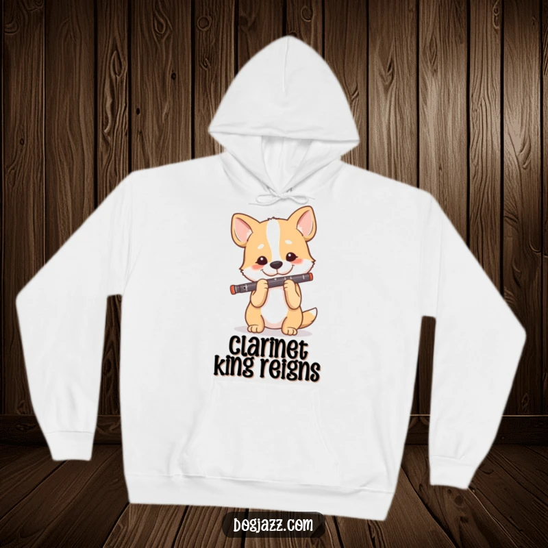 Funny Dog Clarinet Player Hoodie, a dog concentrates on playing the clarinet with a content and happy demeanor.