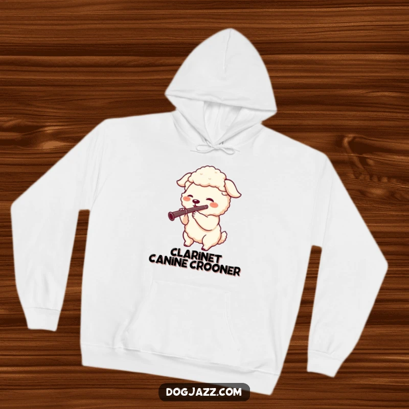 Funny hoodie featuring a joyful sheepdog character playing a clarinet, ready to perform its unique tune.