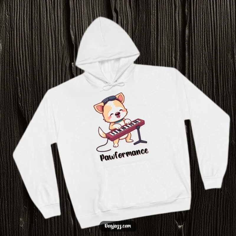 Funny terrier character jamming on a keyboard with a wagging tail, a soft and humorous hoodie.