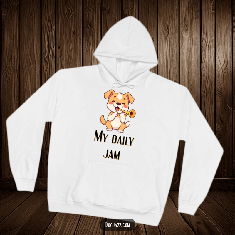 Funny hoodie with a happy dog playing a trumpet and wagging its tail, designed for cozy comfort and musical fun.